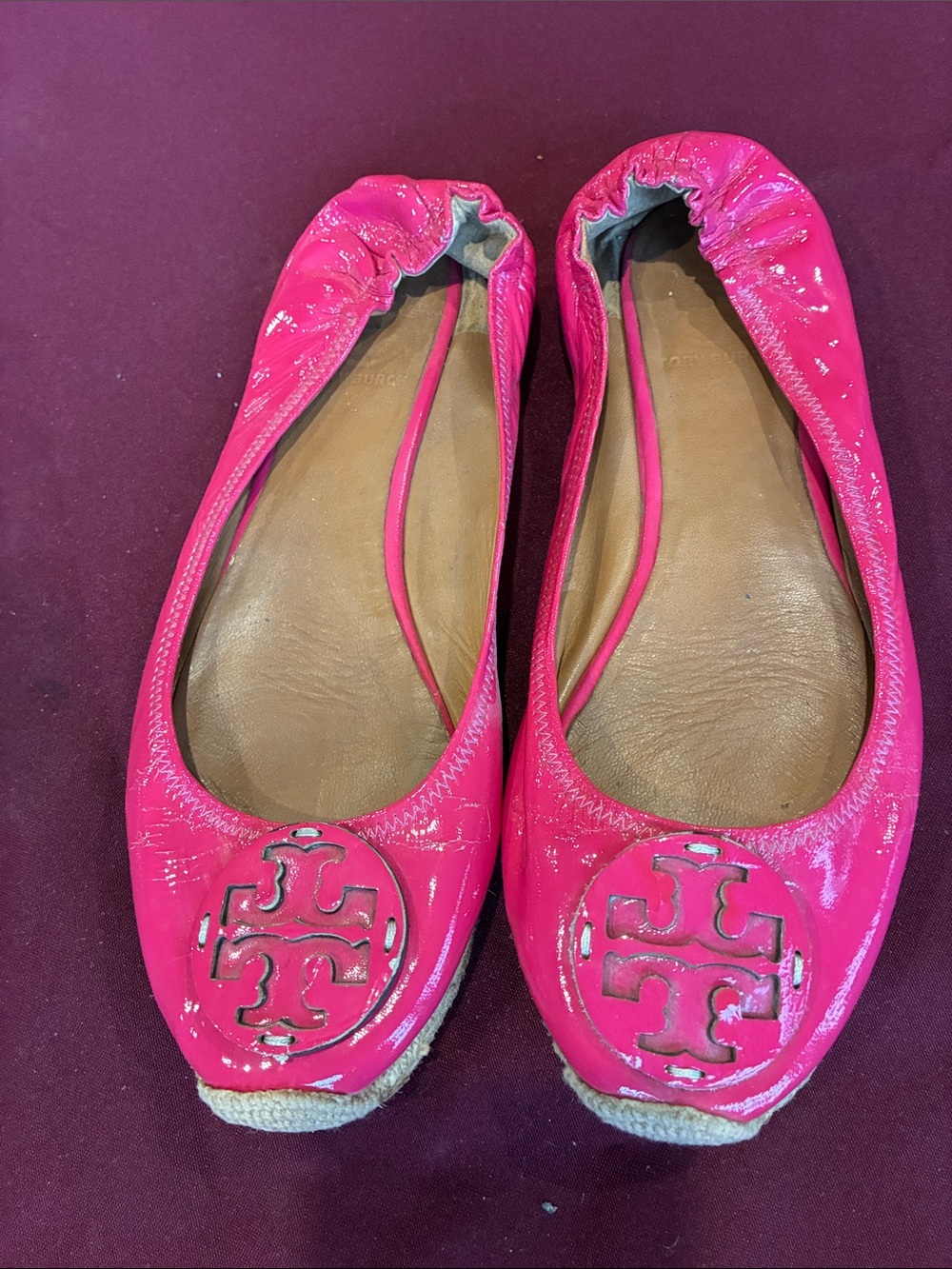 Tory Burch Hot Pink Patent Leather Logo Ballet Flats